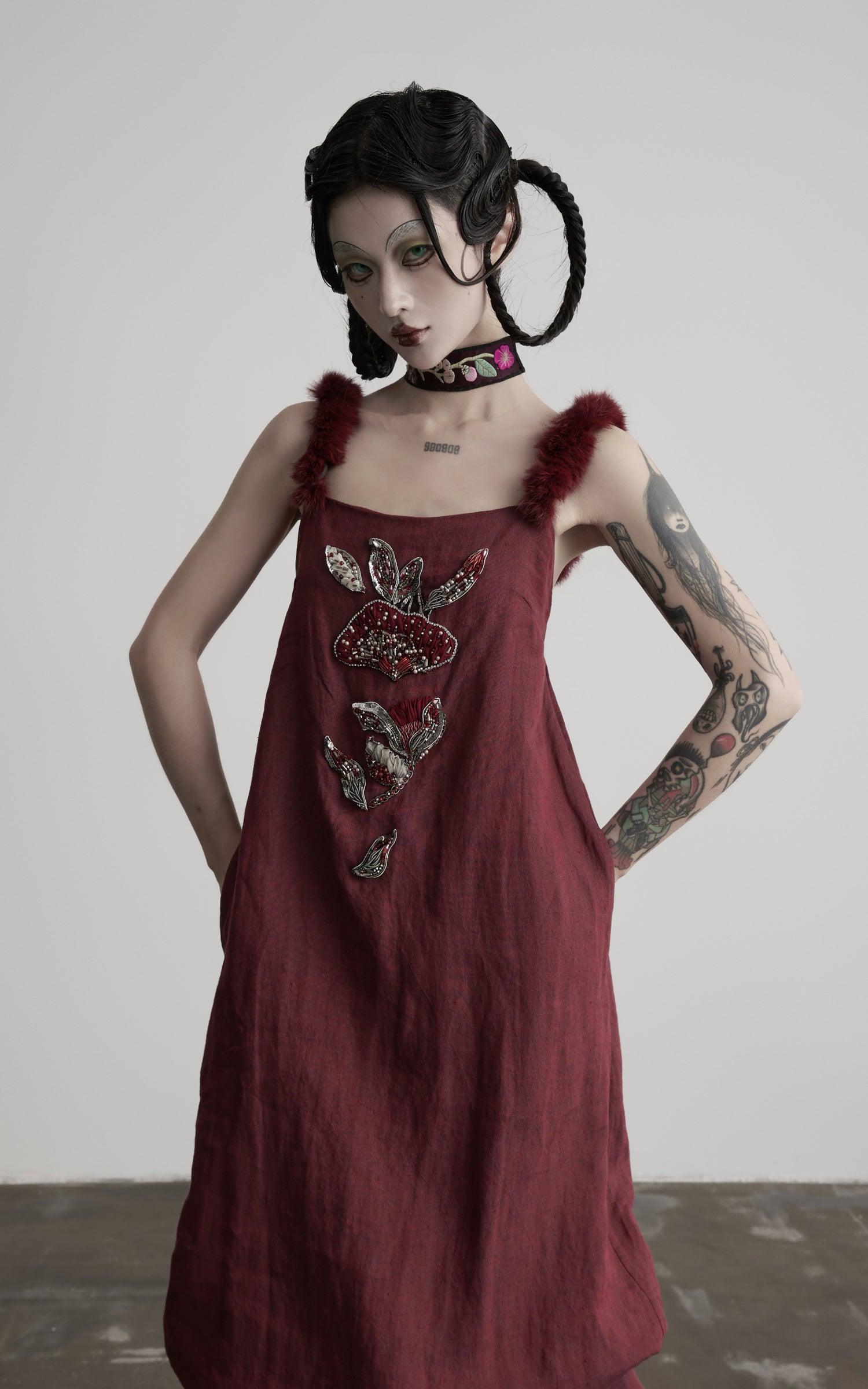 DOINDULGE Hand-Beaded Linen Strap Maxi Dress