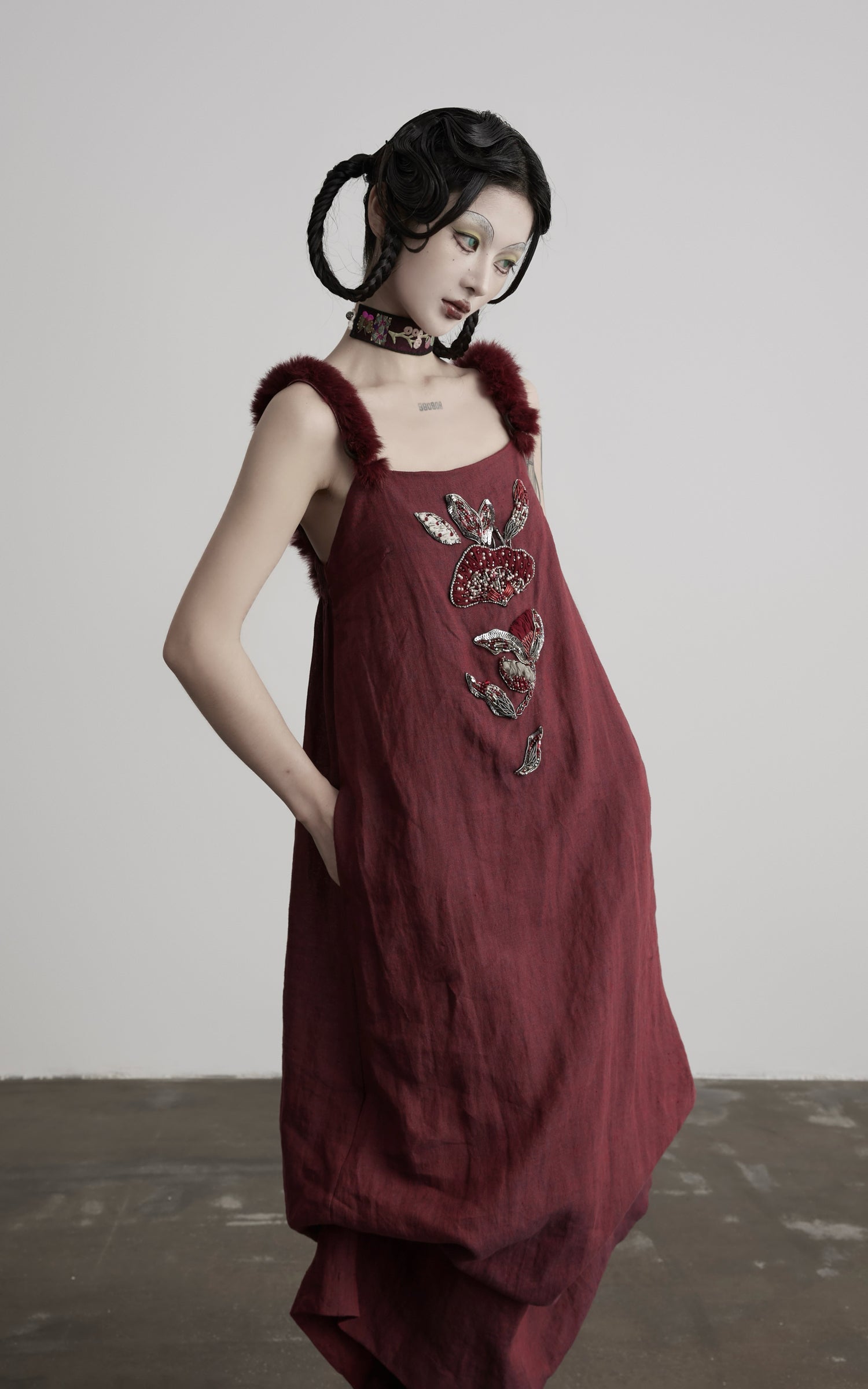 DOINDULGE Hand-Beaded Linen Strap Maxi Dress