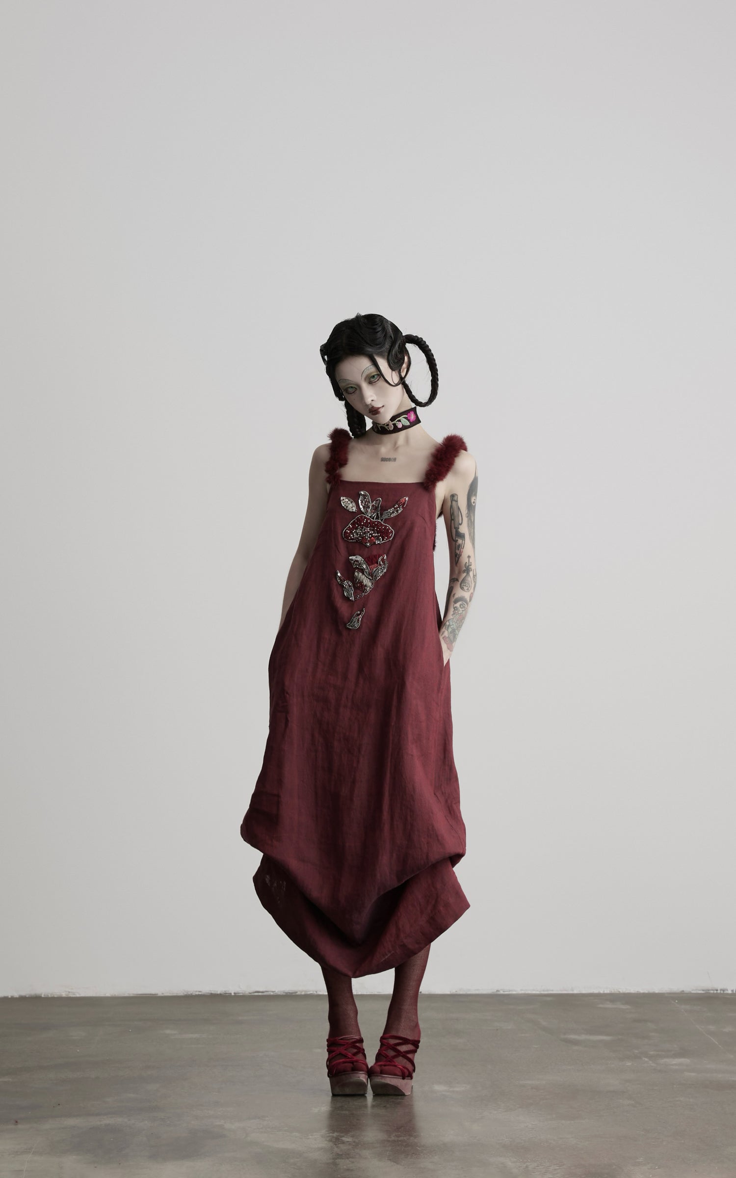 DOINDULGE Hand-Beaded Linen Strap Maxi Dress