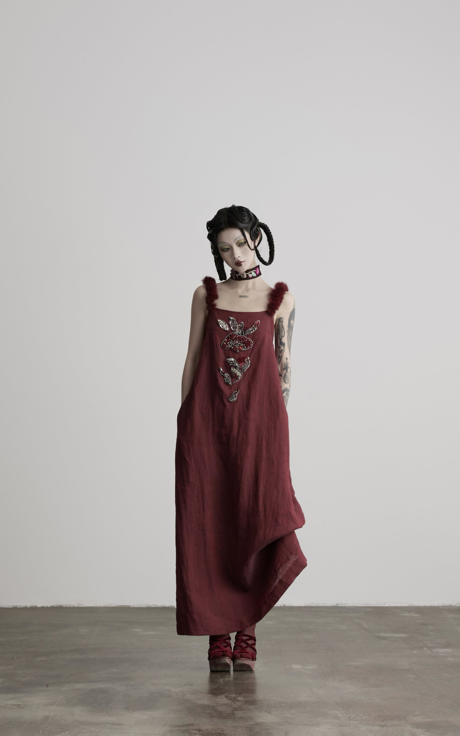 DOINDULGE Hand-Beaded Linen Strap Maxi Dress