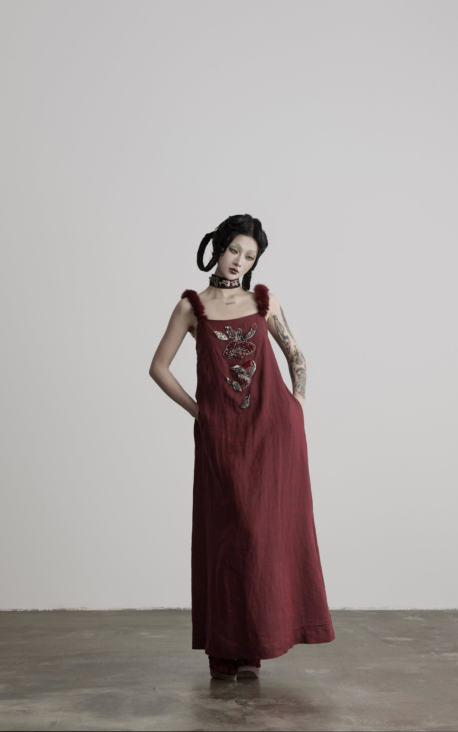 DOINDULGE Hand-Beaded Linen Strap Maxi Dress