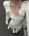 Rase le sol T-shirt à manches longues avec découpes et bordure en dentelle