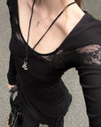 Rase le sol Lace-Panel Off-Shoulder Fitted Long-Sleeve T-Shirt
