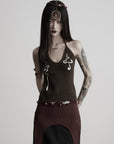 DOINDULGE V-Neck Halter Embroidered Knit Top