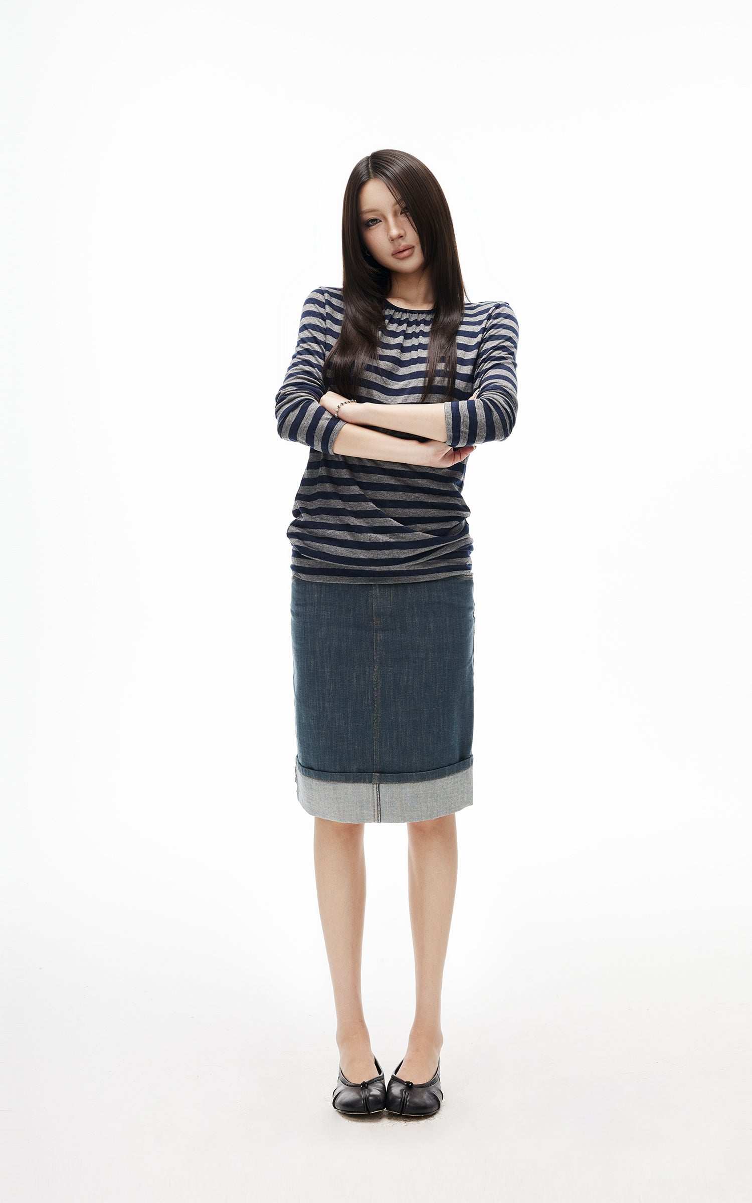 IAMXIAA Denim Folded Hem Midi Skirt