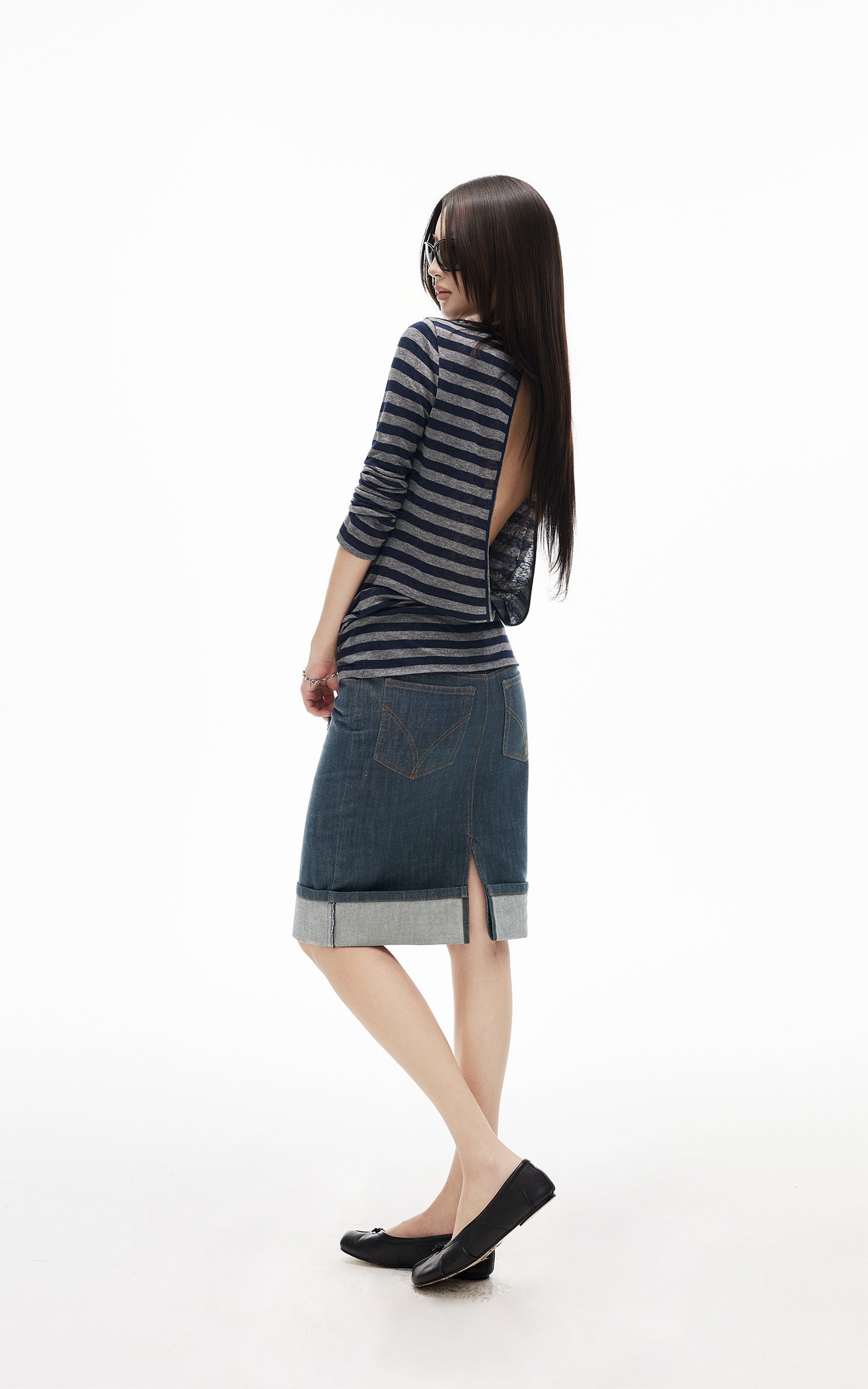IAMXIAA Denim Folded Hem Midi Skirt