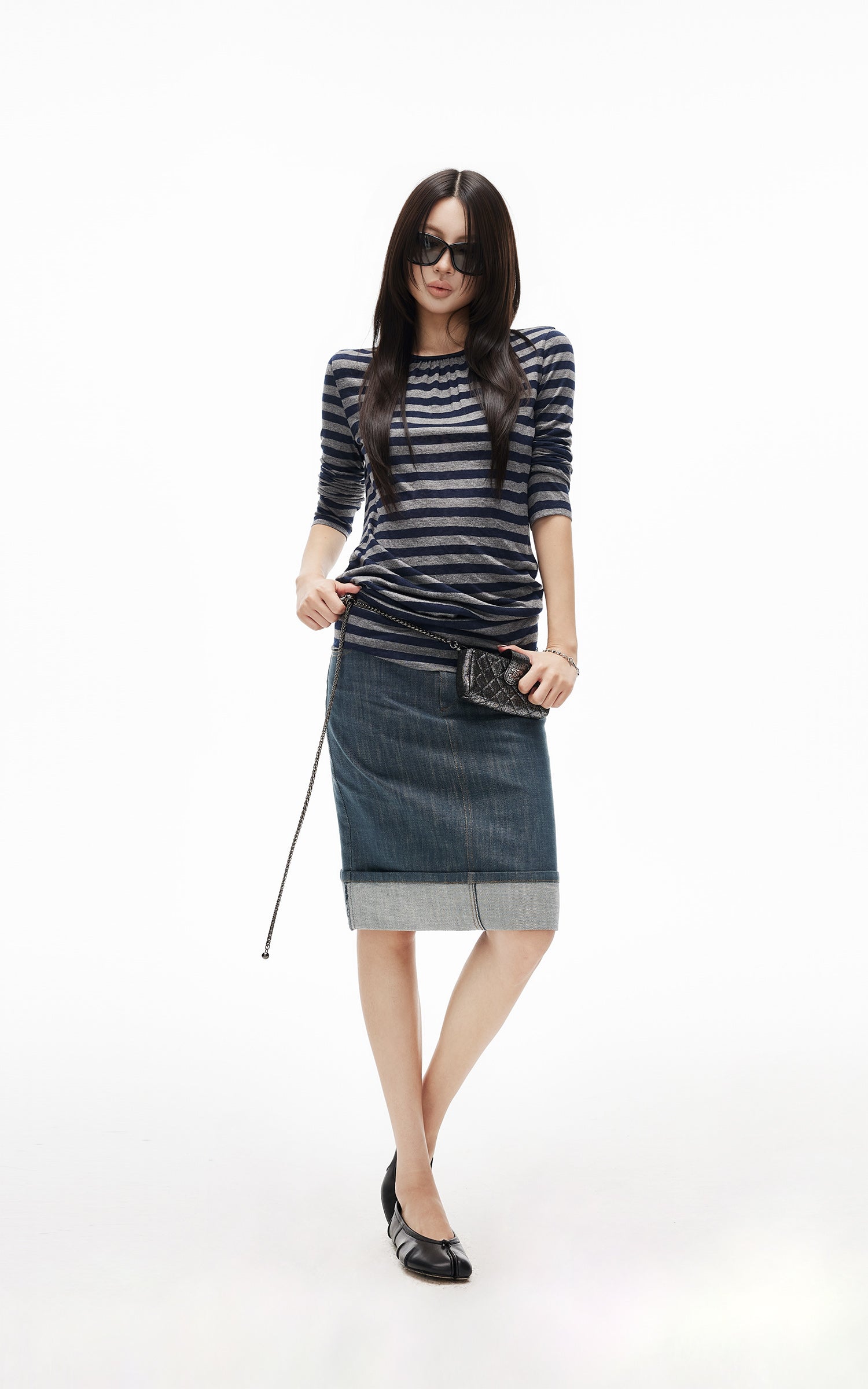 IAMXIAA Denim Folded Hem Midi Skirt