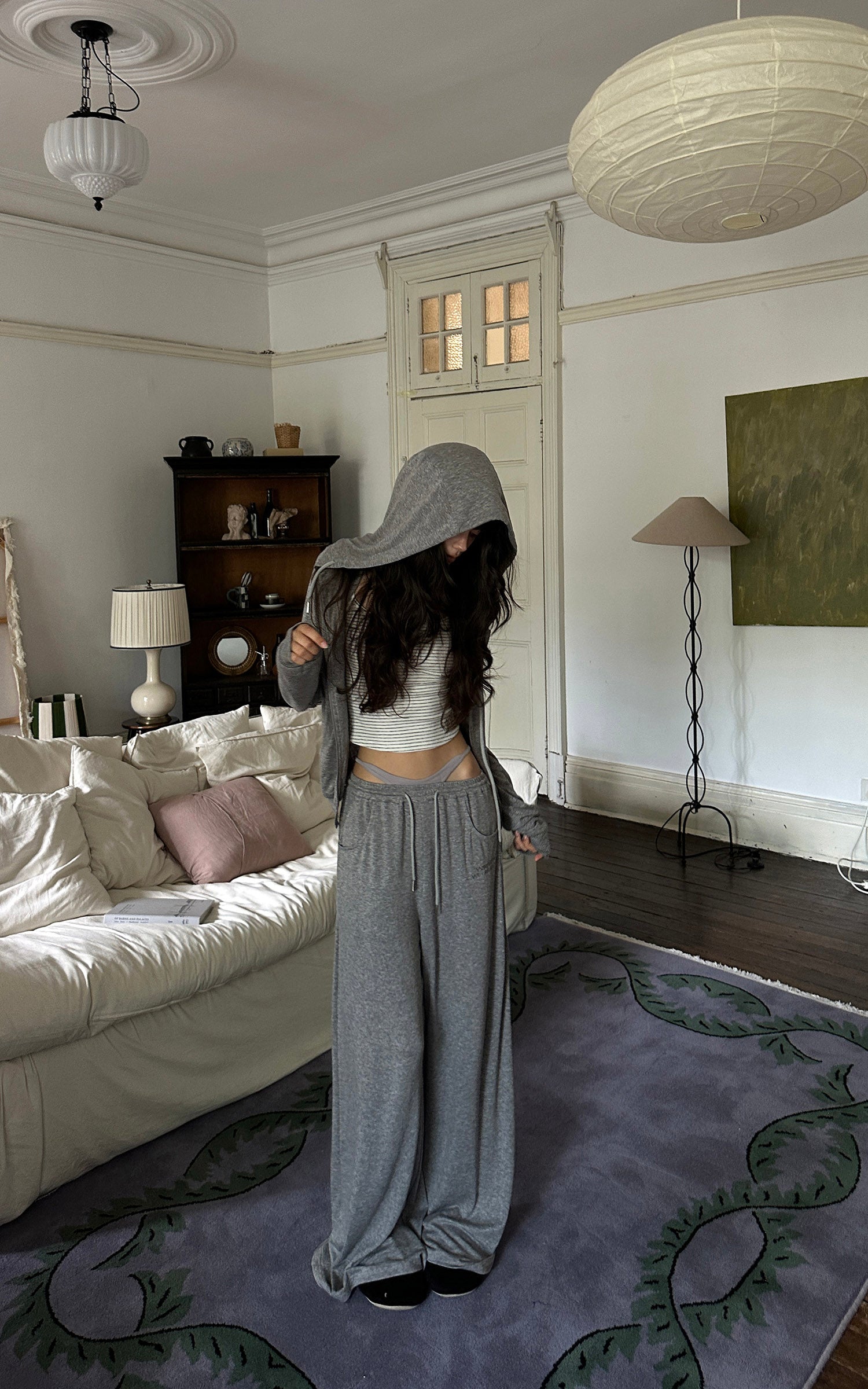 WARDEN EDGE Minimal Lounge Three Piece Set with Zip-Up Hoodie, Striped Cropped Camisole and Wide Leg Sweatpants