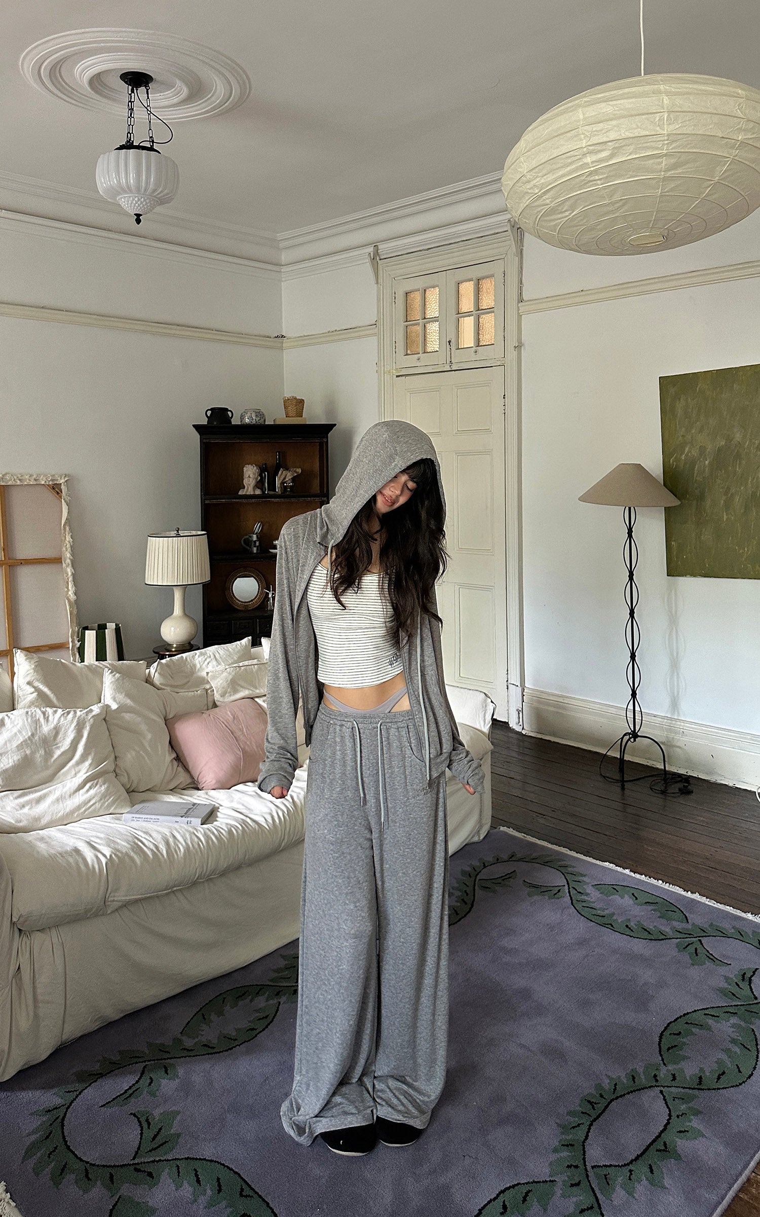 WARDEN EDGE Minimal Lounge Three Piece Set with Zip-Up Hoodie, Striped Cropped Camisole and Wide Leg Sweatpants