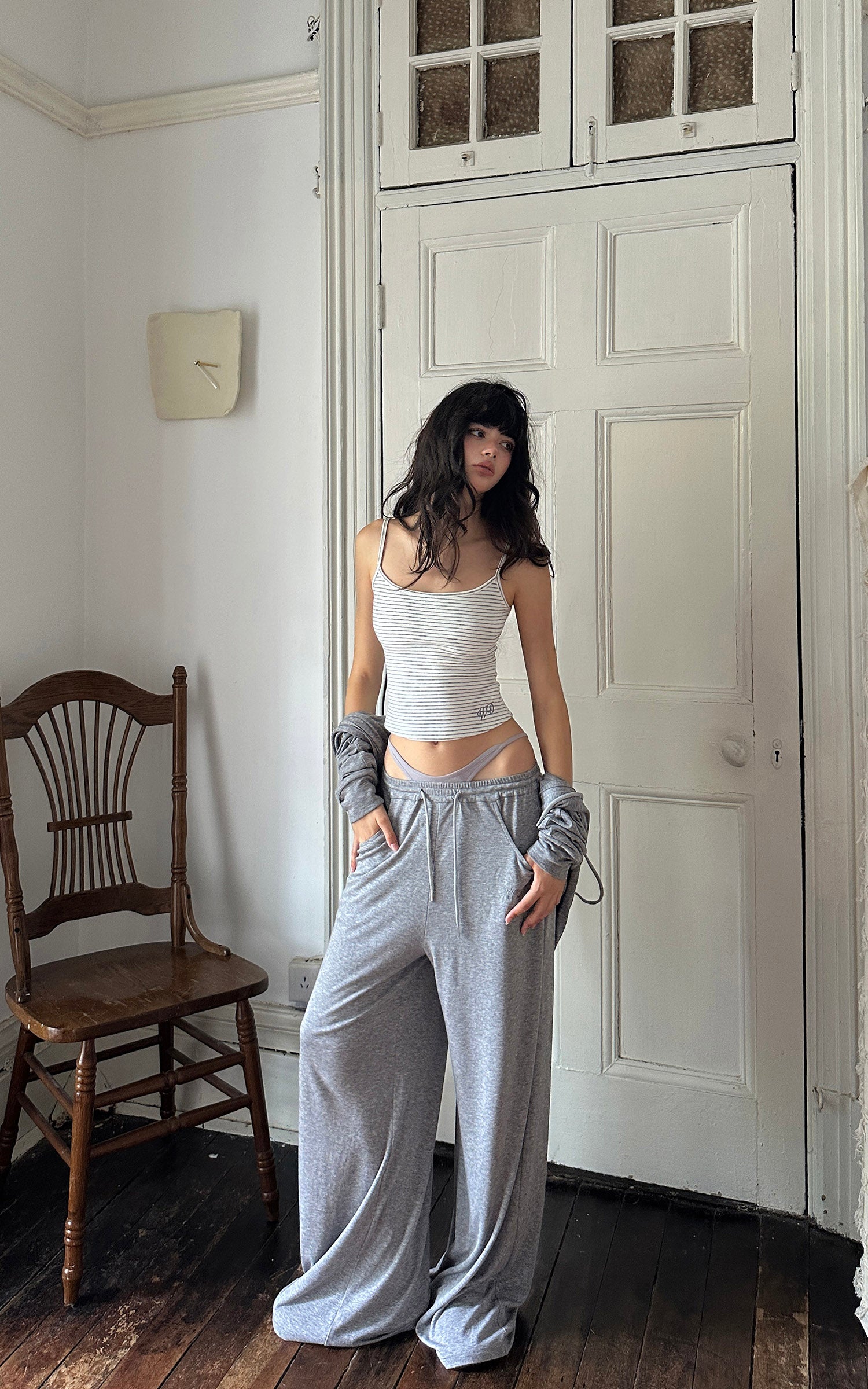 WARDEN EDGE Minimal Lounge Three Piece Set with Zip-Up Hoodie, Striped Cropped Camisole and Wide Leg Sweatpants