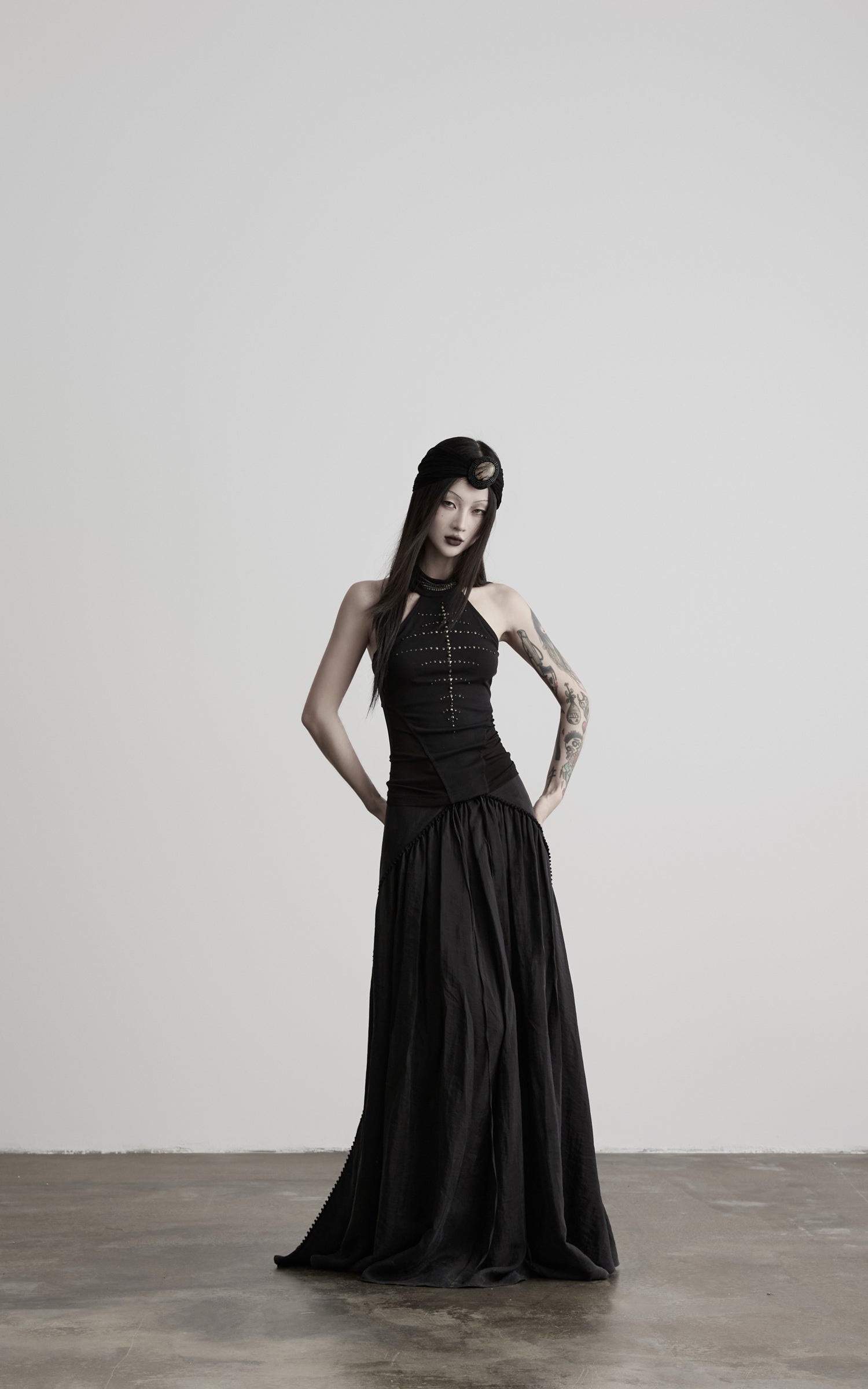 DOINDULGE Studded Mesh-Panel Halter Top