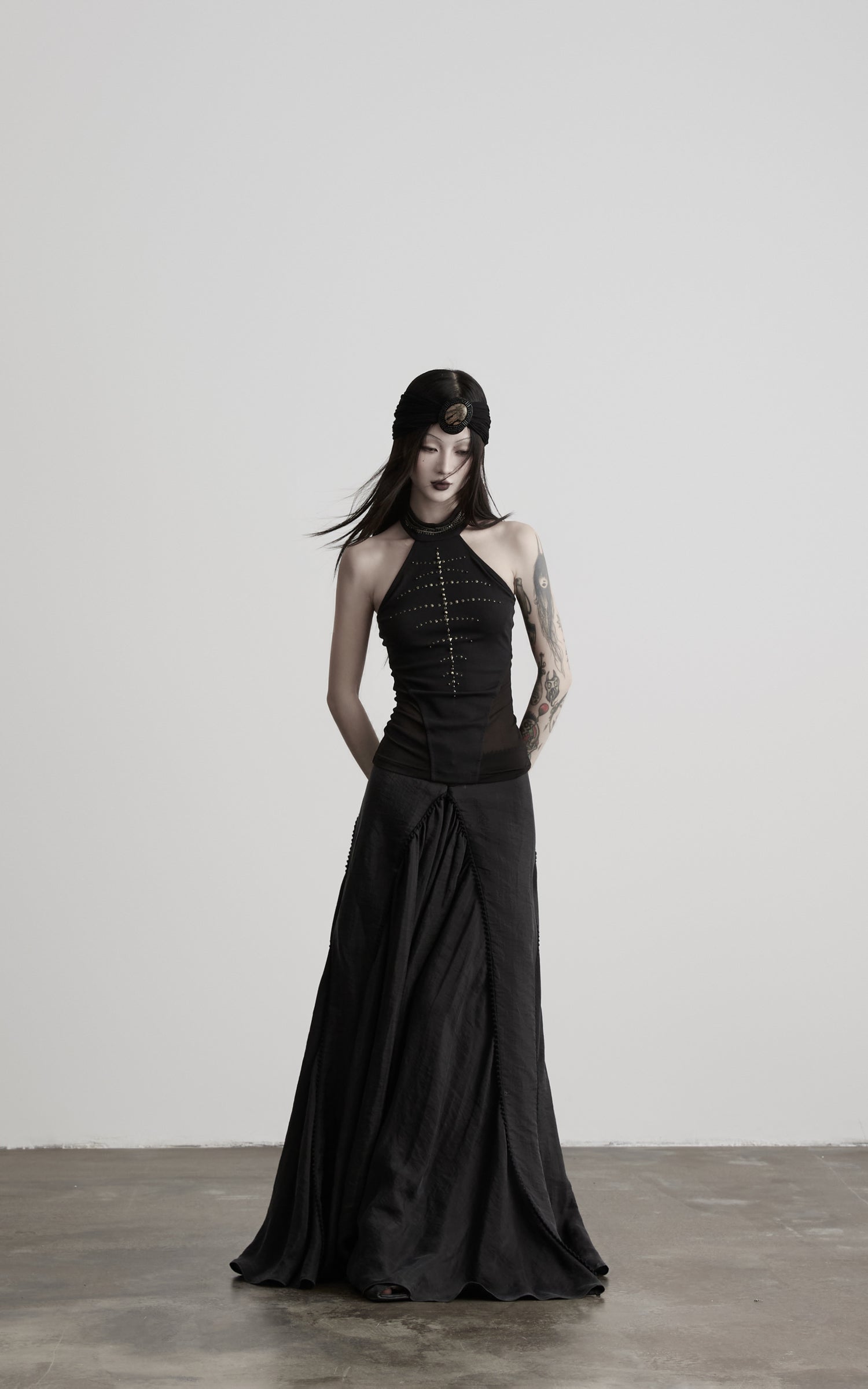 DOINDULGE Studded Mesh-Panel Halter Top