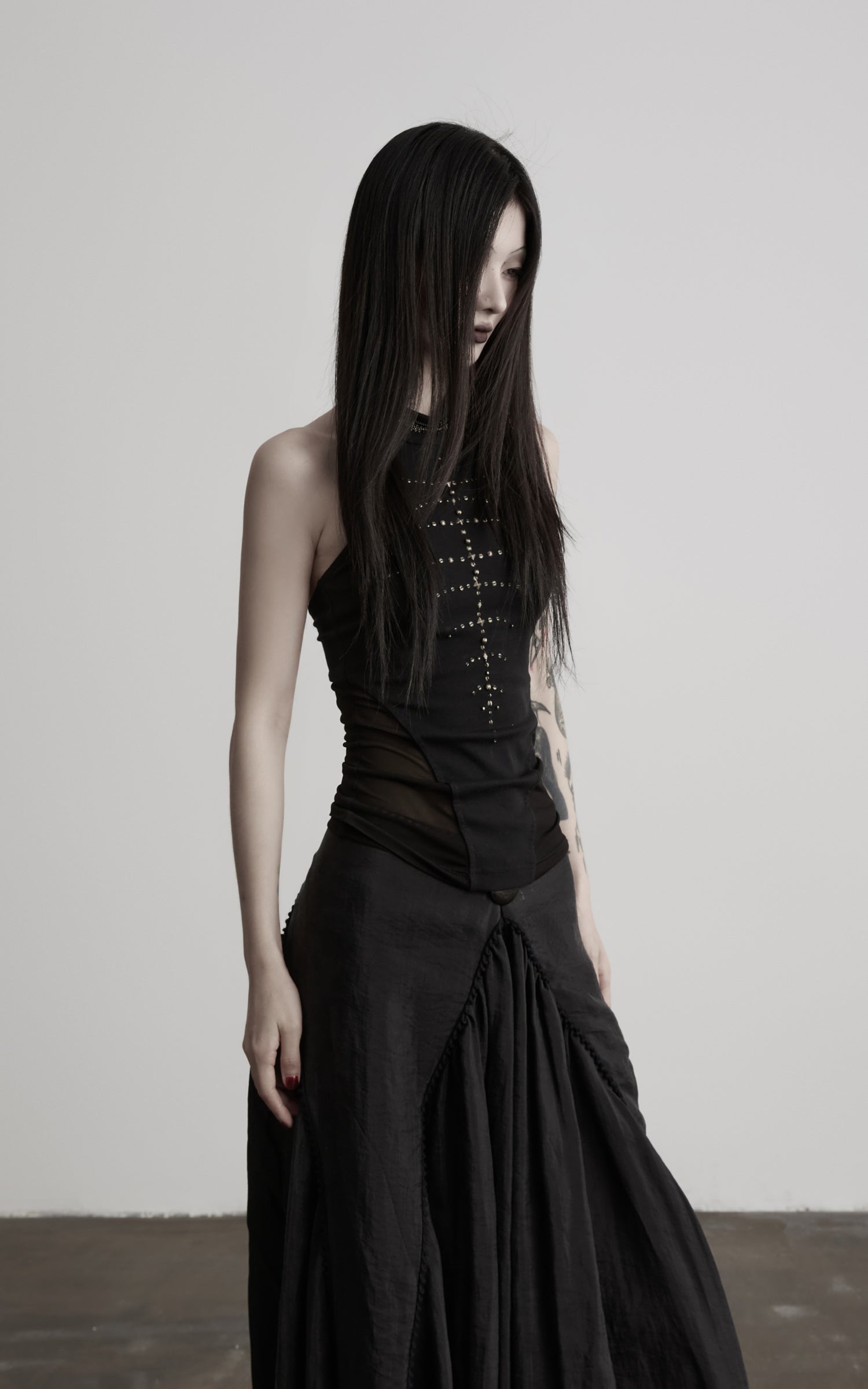 DOINDULGE Studded Mesh-Panel Halter Top