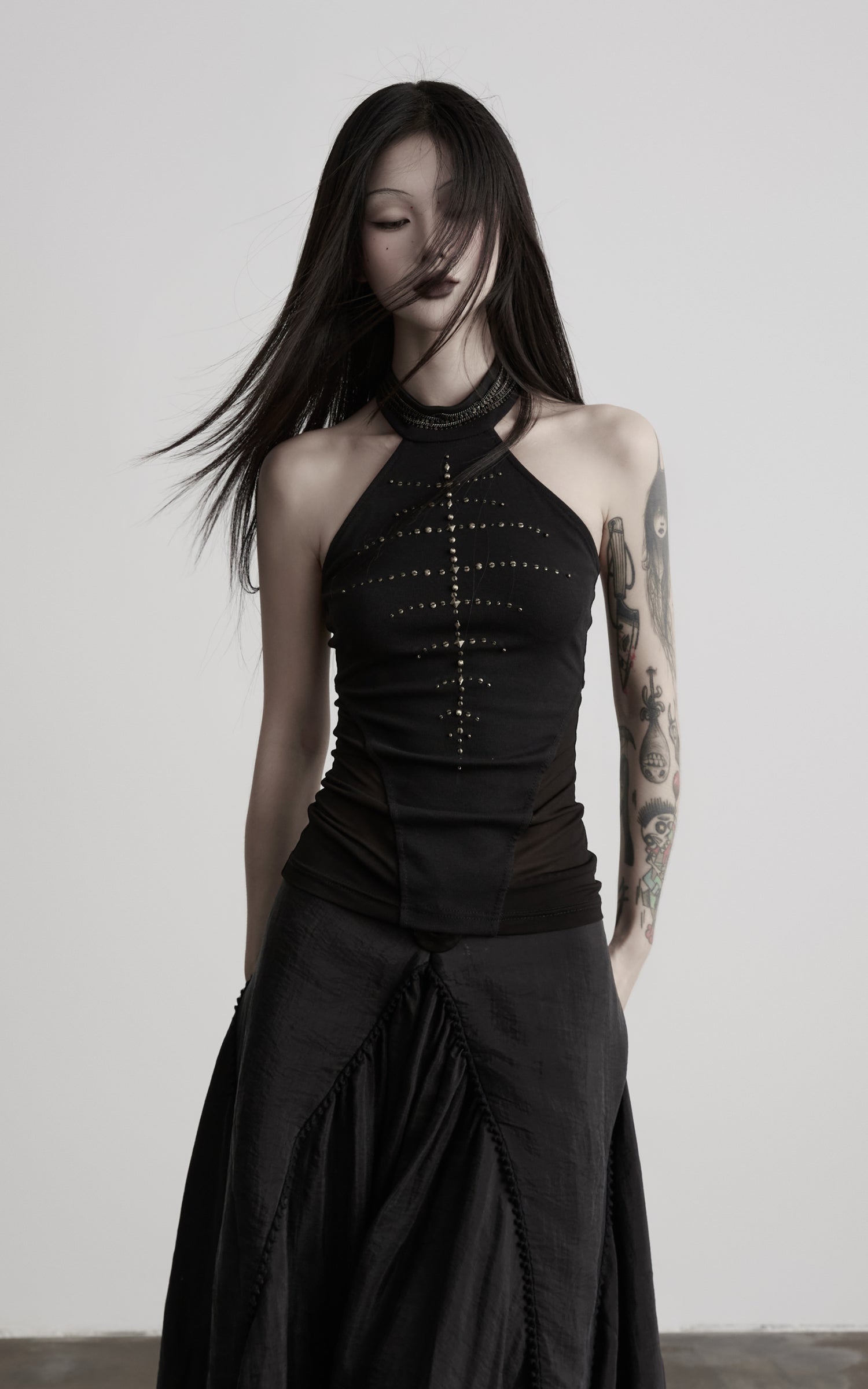 DOINDULGE Studded Mesh-Panel Halter Top