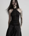 DOINDULGE Studded Mesh-Panel Halter Top
