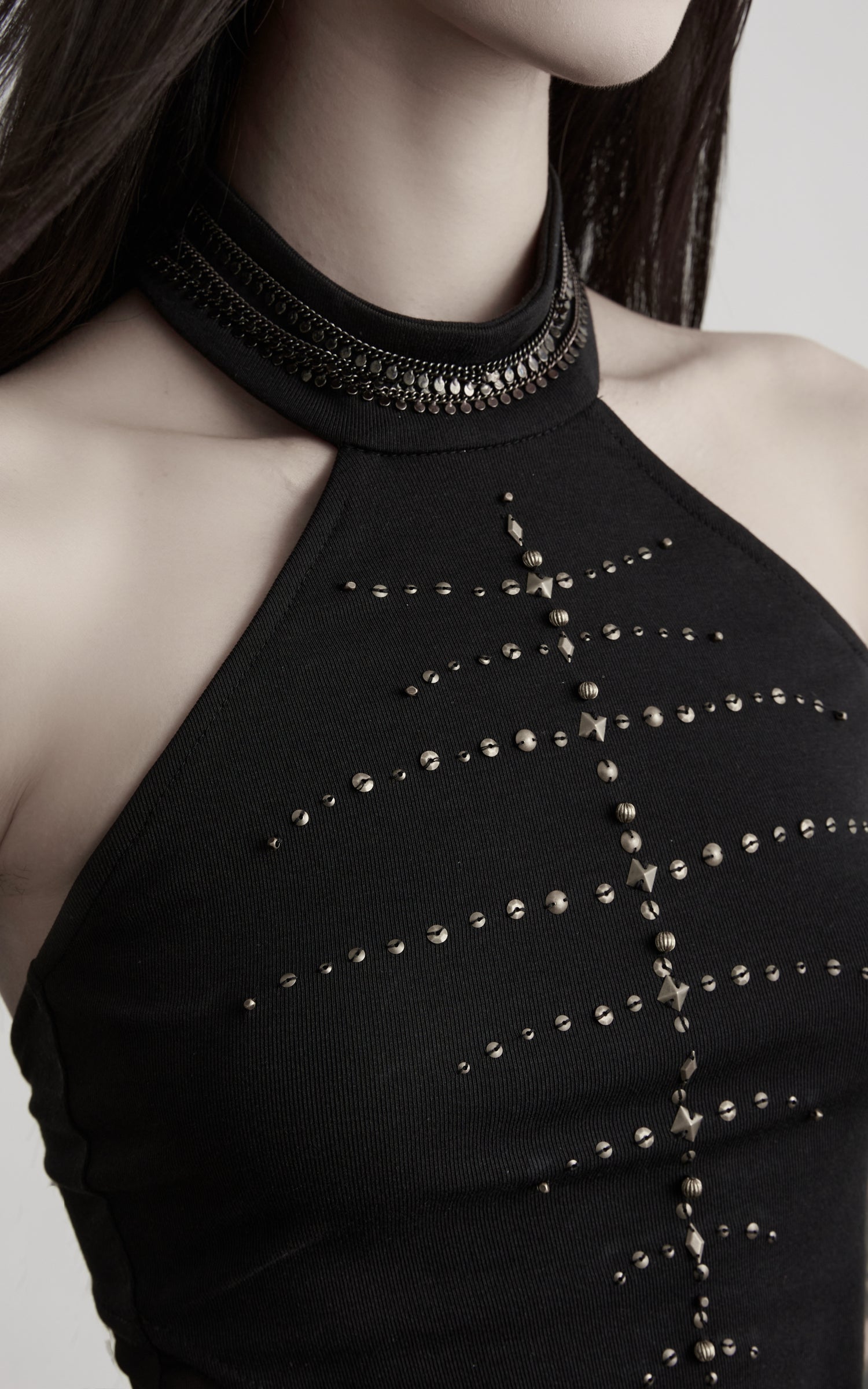 DOINDULGE Studded Mesh-Panel Halter Top