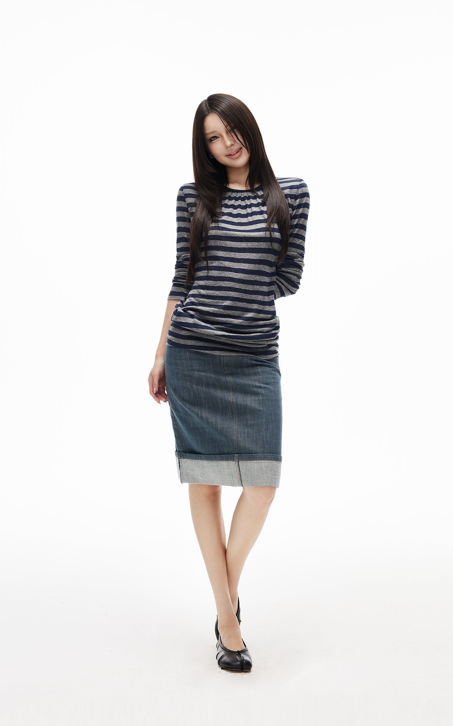 IAMXIAA Denim Folded Hem Midi Skirt