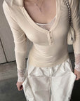 Rase le sol Lace-Trim Henley Fitted Long-Sleeve T-Shirt