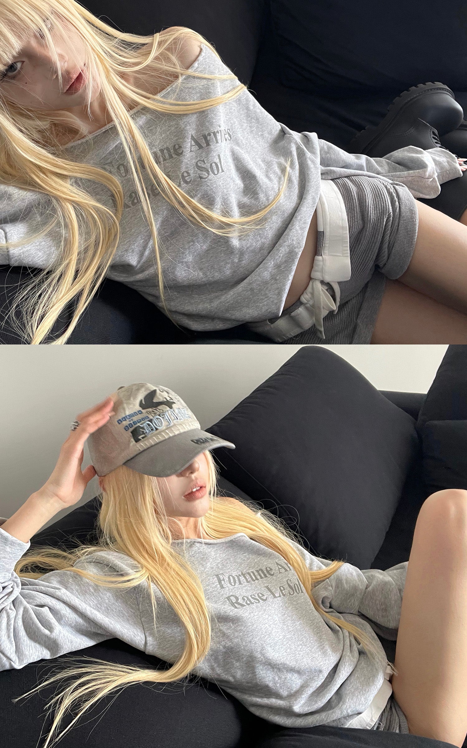 Rase le sol Fortune Arrives Raw Edge Off-Shoulder Oversized Long Sleeve Sweatshirt