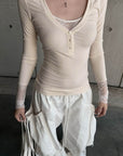 Rase le sol Lace-Trim Henley Fitted Long-Sleeve T-Shirt