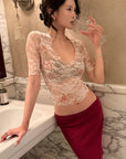 Hydrae Low-Rise Ribbed Midi Skirt with Lace-Trim Waist