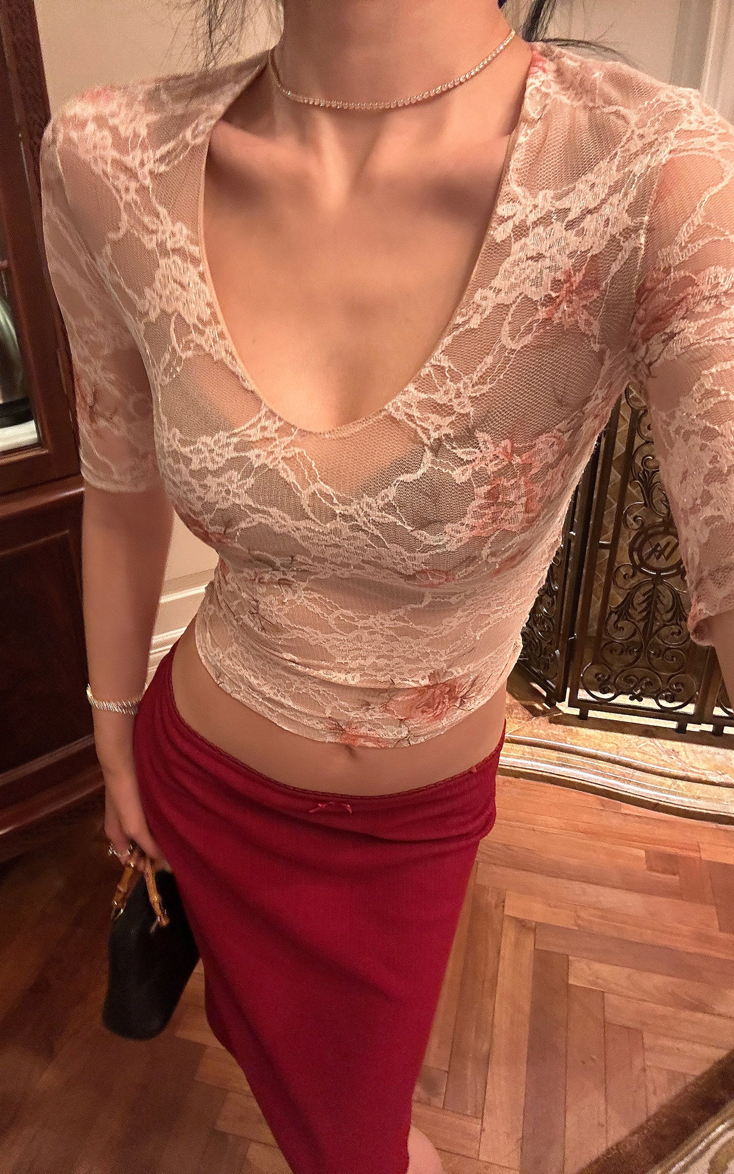 Hydrae Low-Rise Ribbed Midi Skirt with Lace-Trim Waist