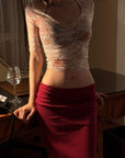 Hydrae Low-Rise Ribbed Midi Skirt with Lace-Trim Waist