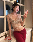 Hydrae Low-Rise Ribbed Midi Skirt with Lace-Trim Waist