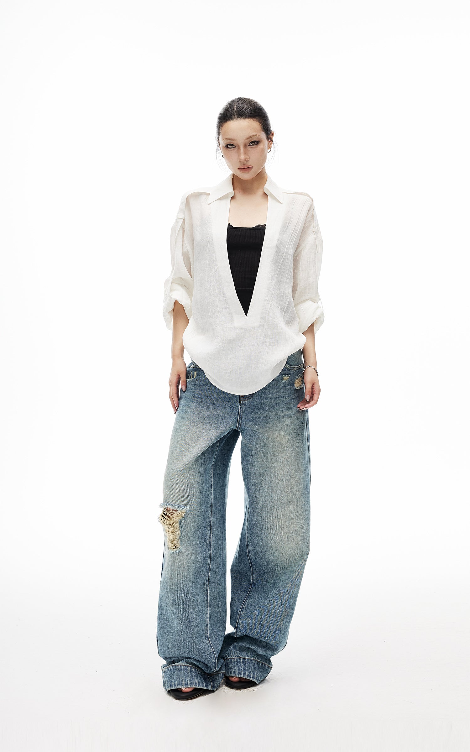 IAMXIAA Sheer Plunge Collar Shirt