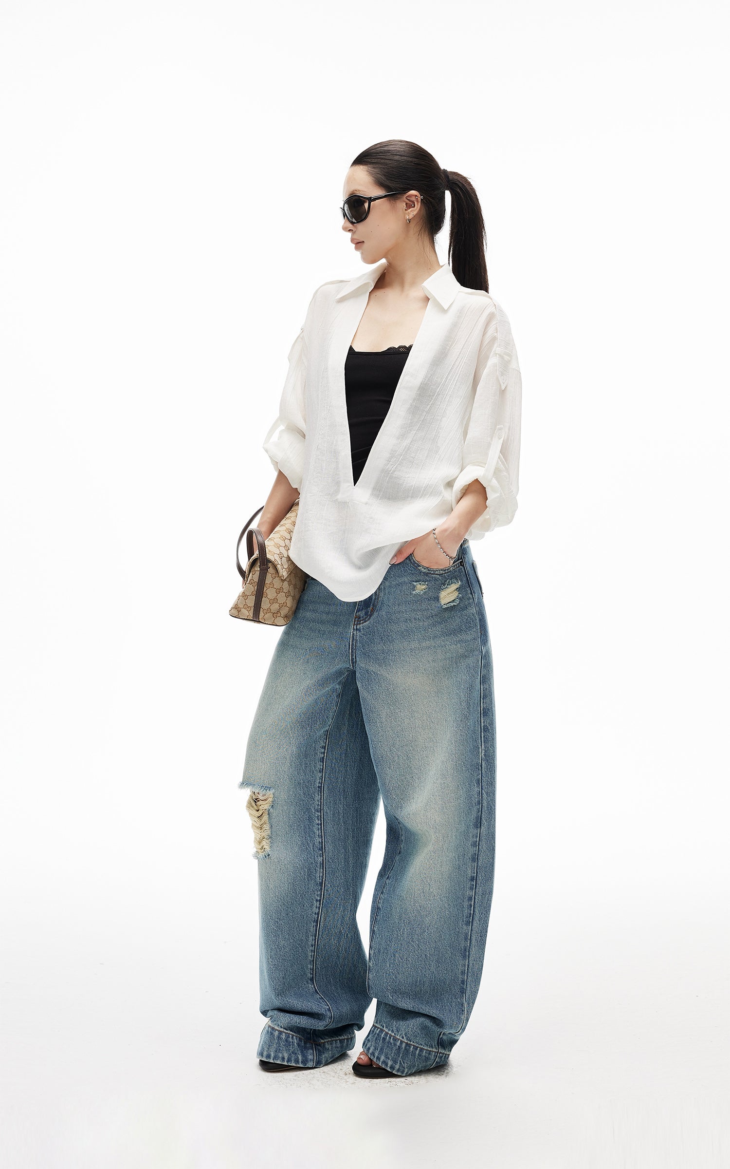 IAMXIAA Sheer Plunge Collar Shirt