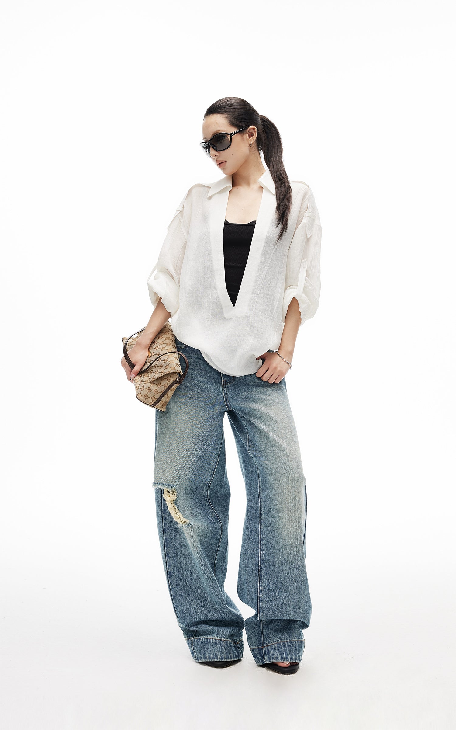 IAMXIAA Sheer Plunge Collar Shirt