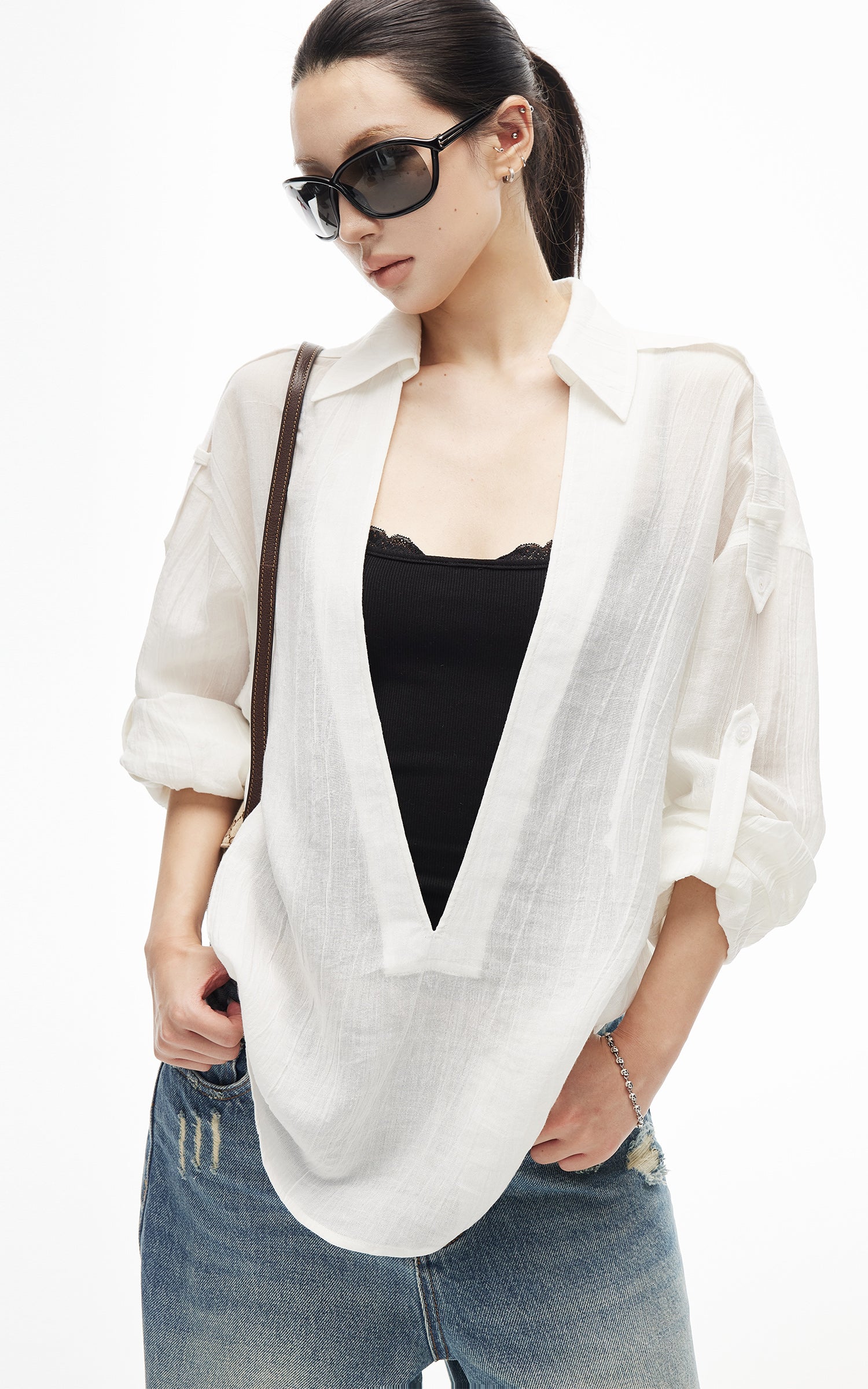 IAMXIAA Sheer Plunge Collar Shirt