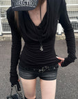 Rase le sol Hooded Cowl-Neck Button-Detail Long-Sleeve T-Shirt