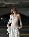 Rase le sol Lace-Trim Henley Fitted Long-Sleeve T-Shirt