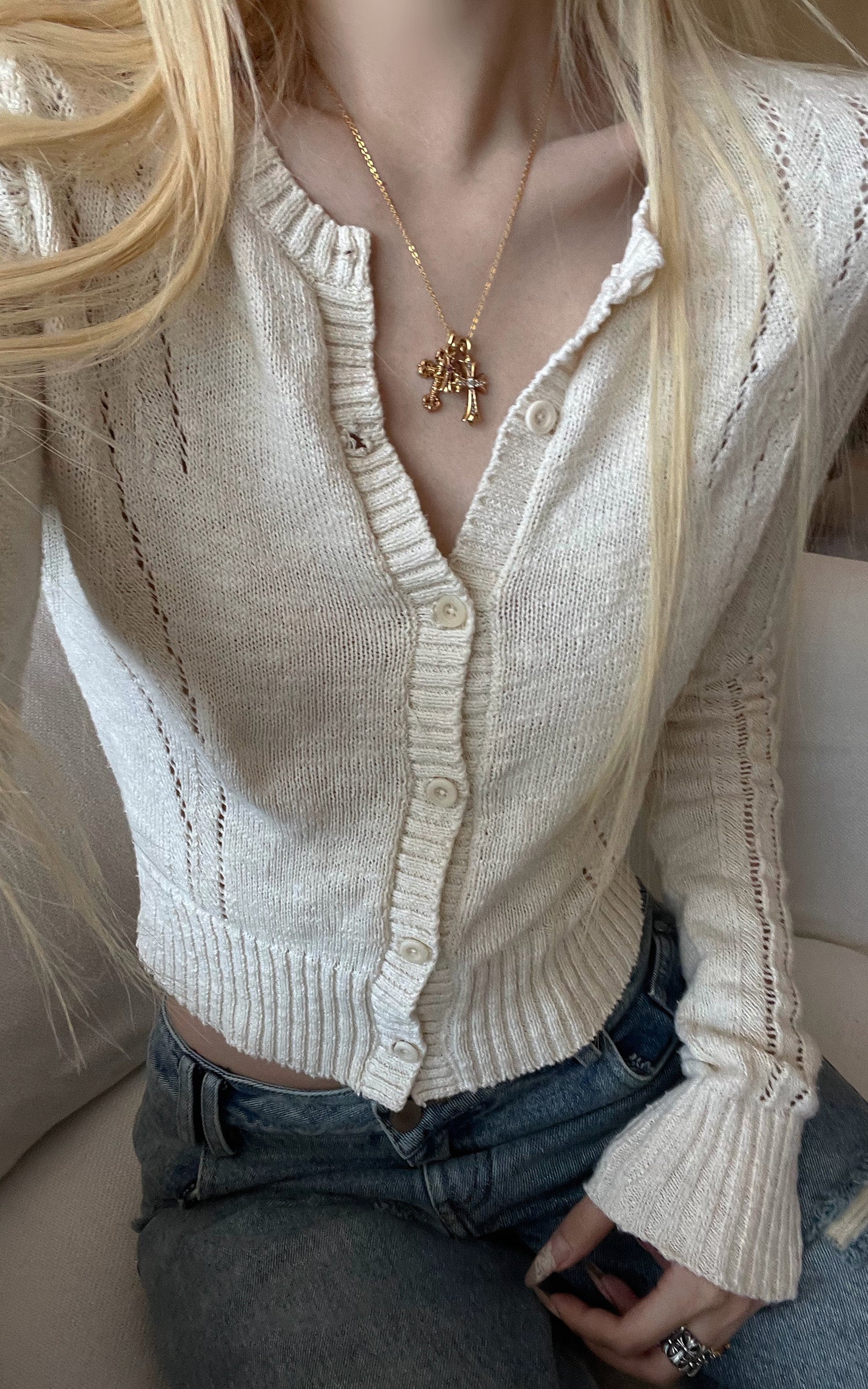 Rase le sol Openwork Pointelle Knit Button-Front Slim Long Sleeve Cardigan