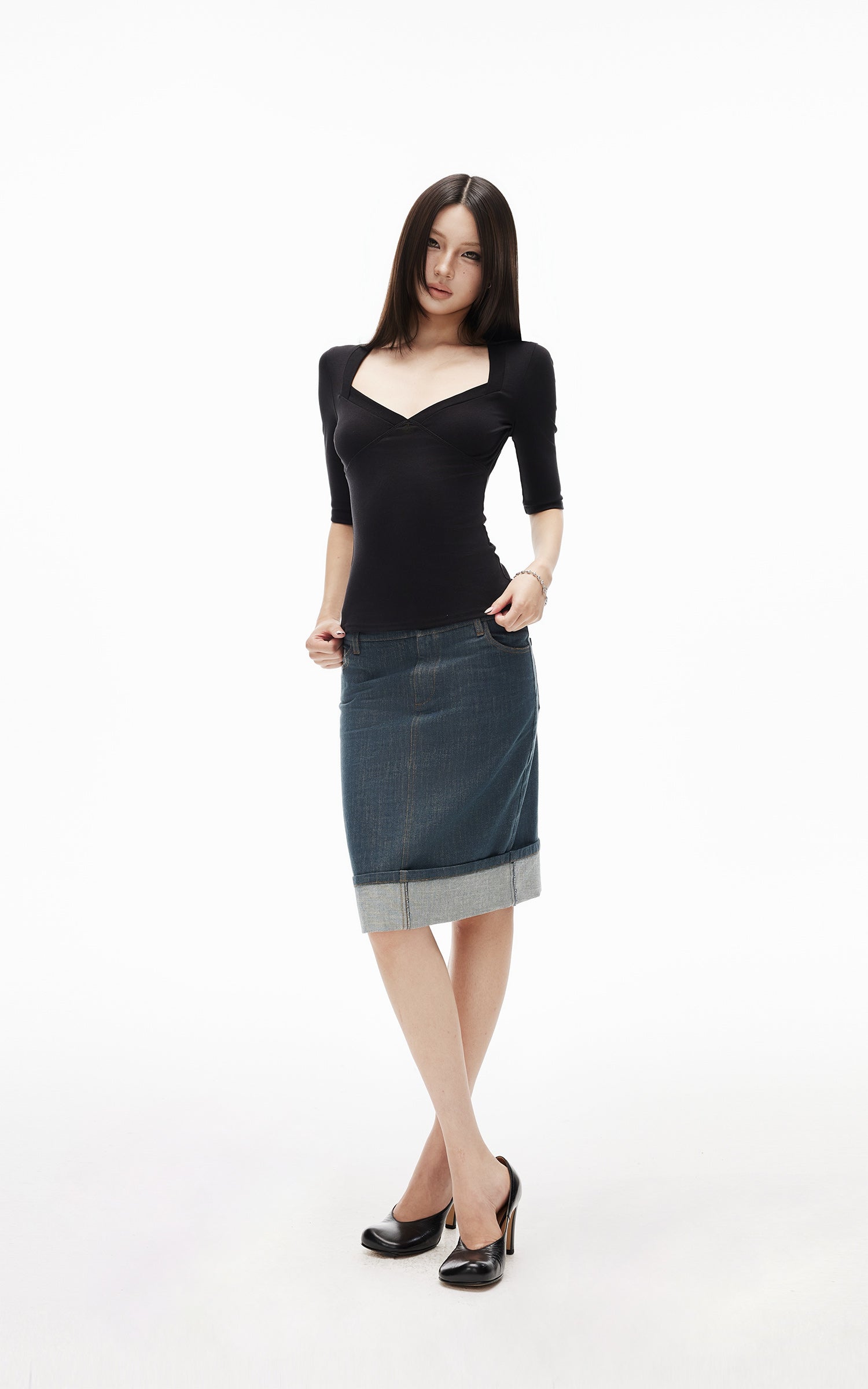 IAMXIAA Denim Folded Hem Midi Skirt