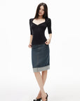 IAMXIAA Denim Folded Hem Midi Skirt