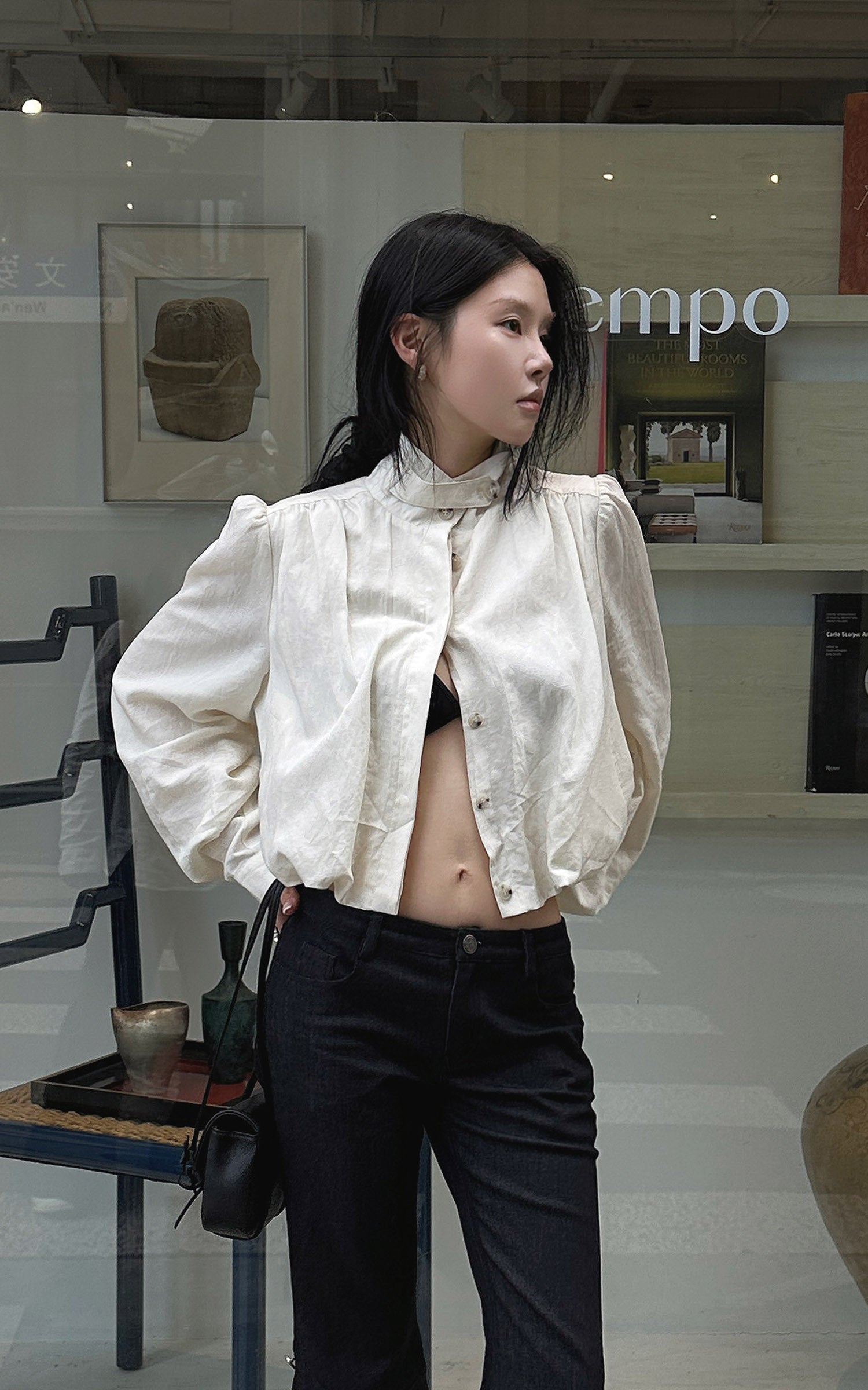 Hydrae Gathered High-Neck Cropped Shirt with Convertible Collar and Sculpted Volume Sleeves