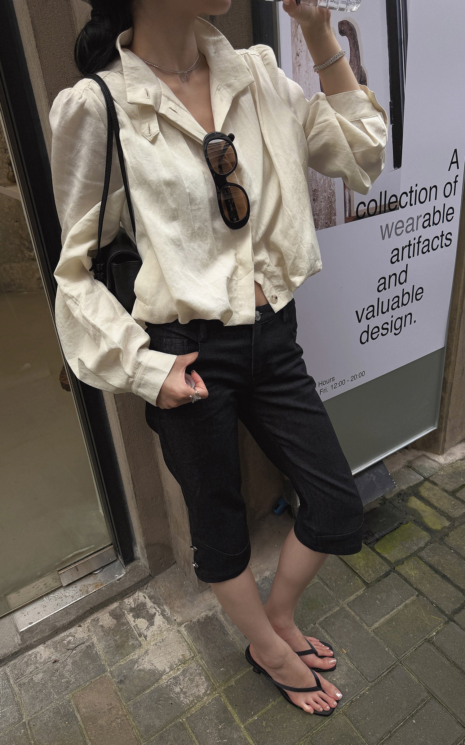 Hydrae Gathered High-Neck Cropped Shirt with Convertible Collar and Sculpted Volume Sleeves
