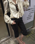 Hydrae Gathered High-Neck Cropped Shirt with Convertible Collar and Sculpted Volume Sleeves