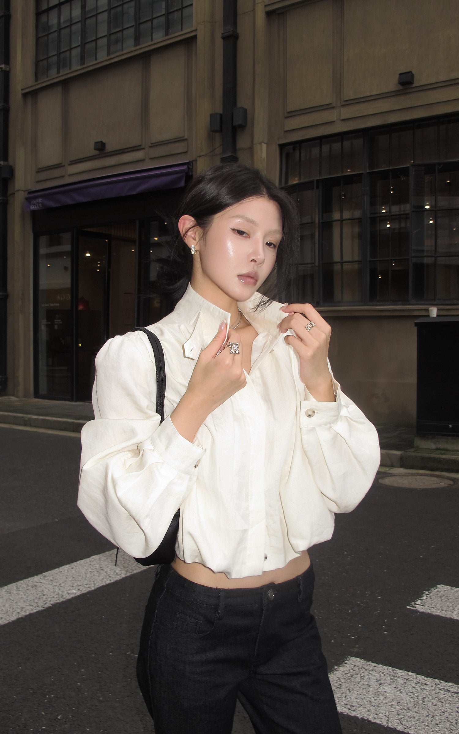 Hydrae Gathered High-Neck Cropped Shirt with Convertible Collar and Sculpted Volume Sleeves