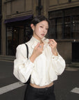 Hydrae Gathered High-Neck Cropped Shirt with Convertible Collar and Sculpted Volume Sleeves