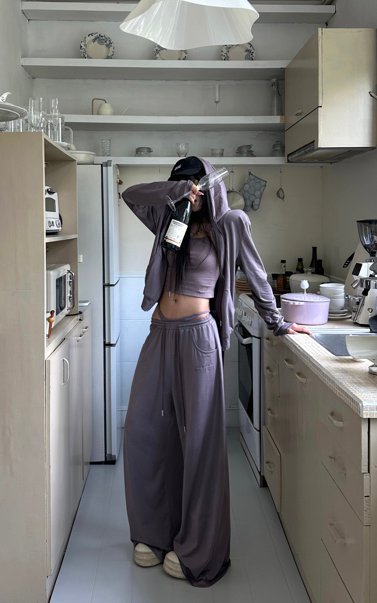 WARDEN EDGE Minimal Zip Hoodie &amp; Camisole &amp; Wide Leg Pants Three Piece Set