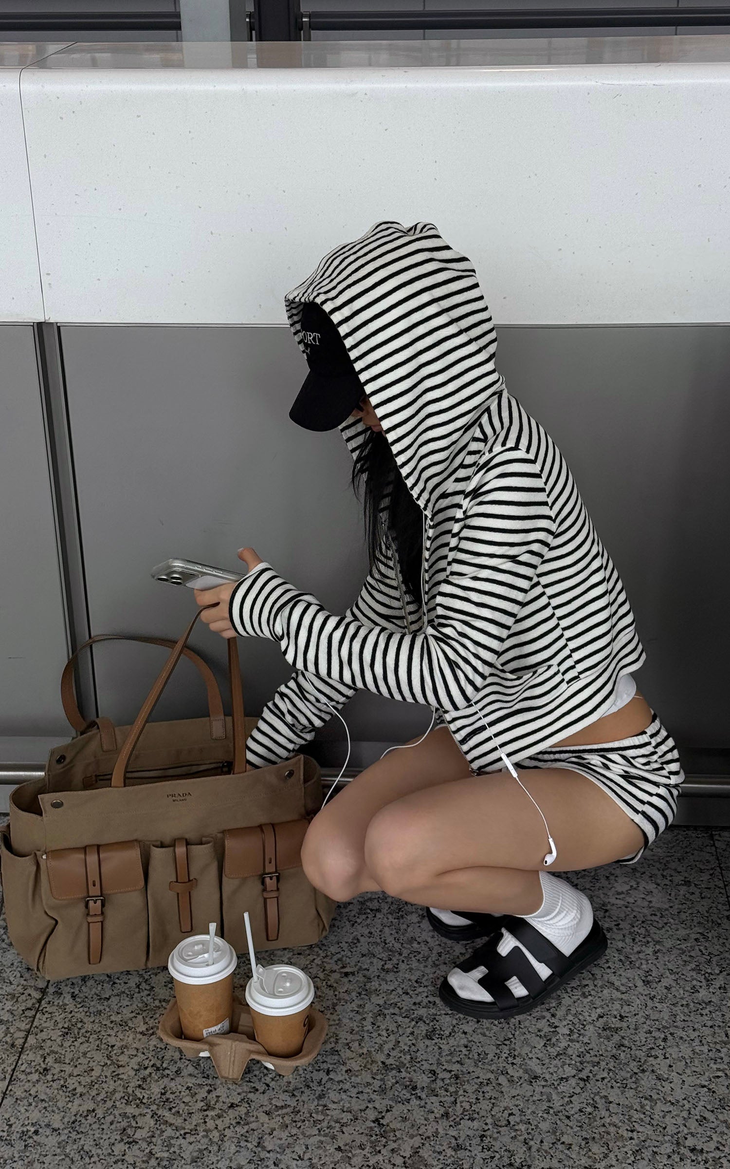ROVENTE Striped Terry Zip Hoodie &amp; Shorts Set