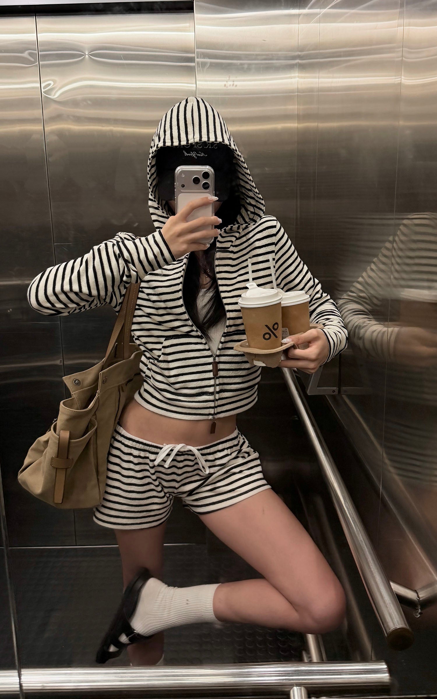 ROVENTE Striped Terry Zip Hoodie &amp; Shorts Set