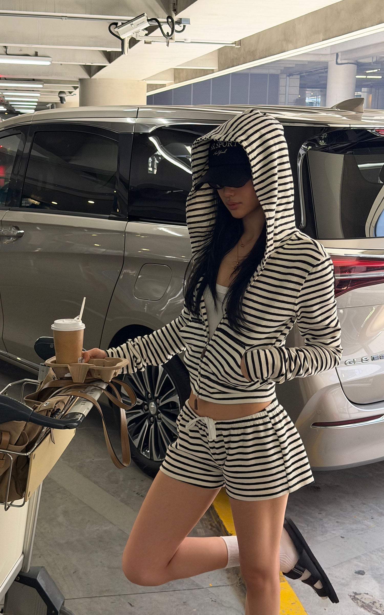 ROVENTE Striped Terry Zip Hoodie &amp; Shorts Set