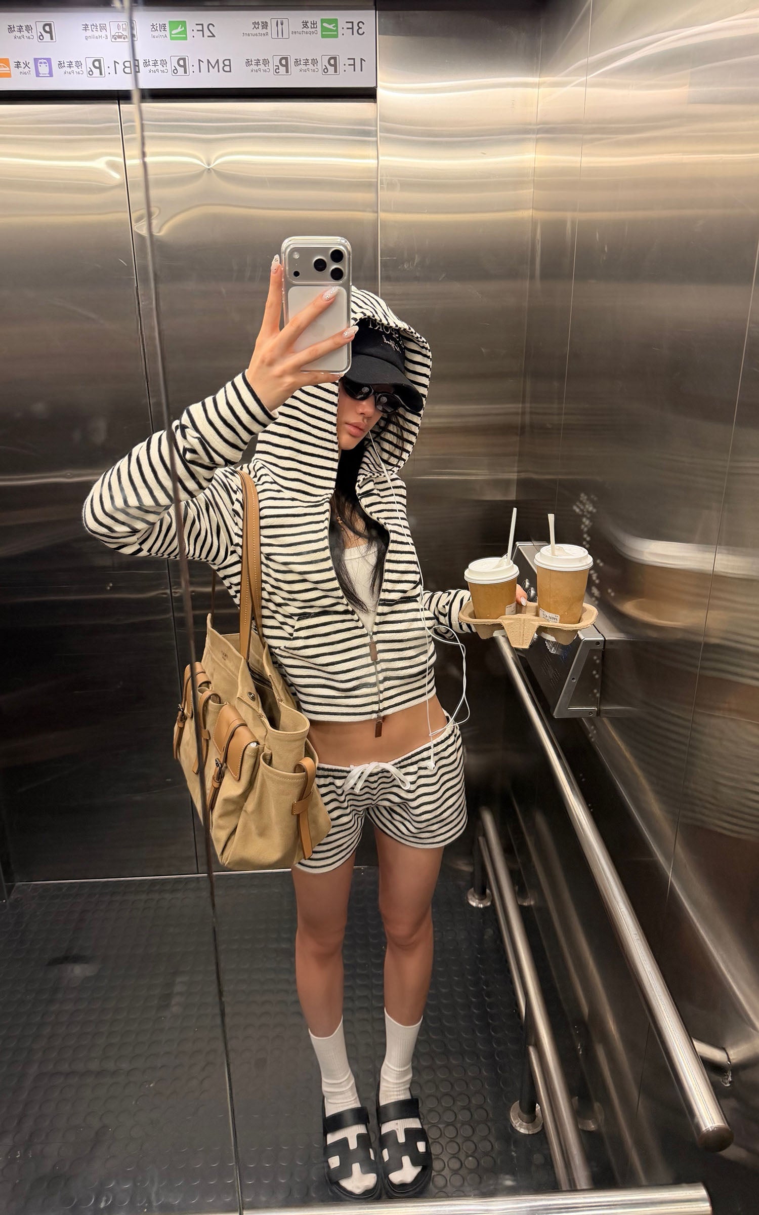 ROVENTE Striped Terry Zip Hoodie &amp; Shorts Set