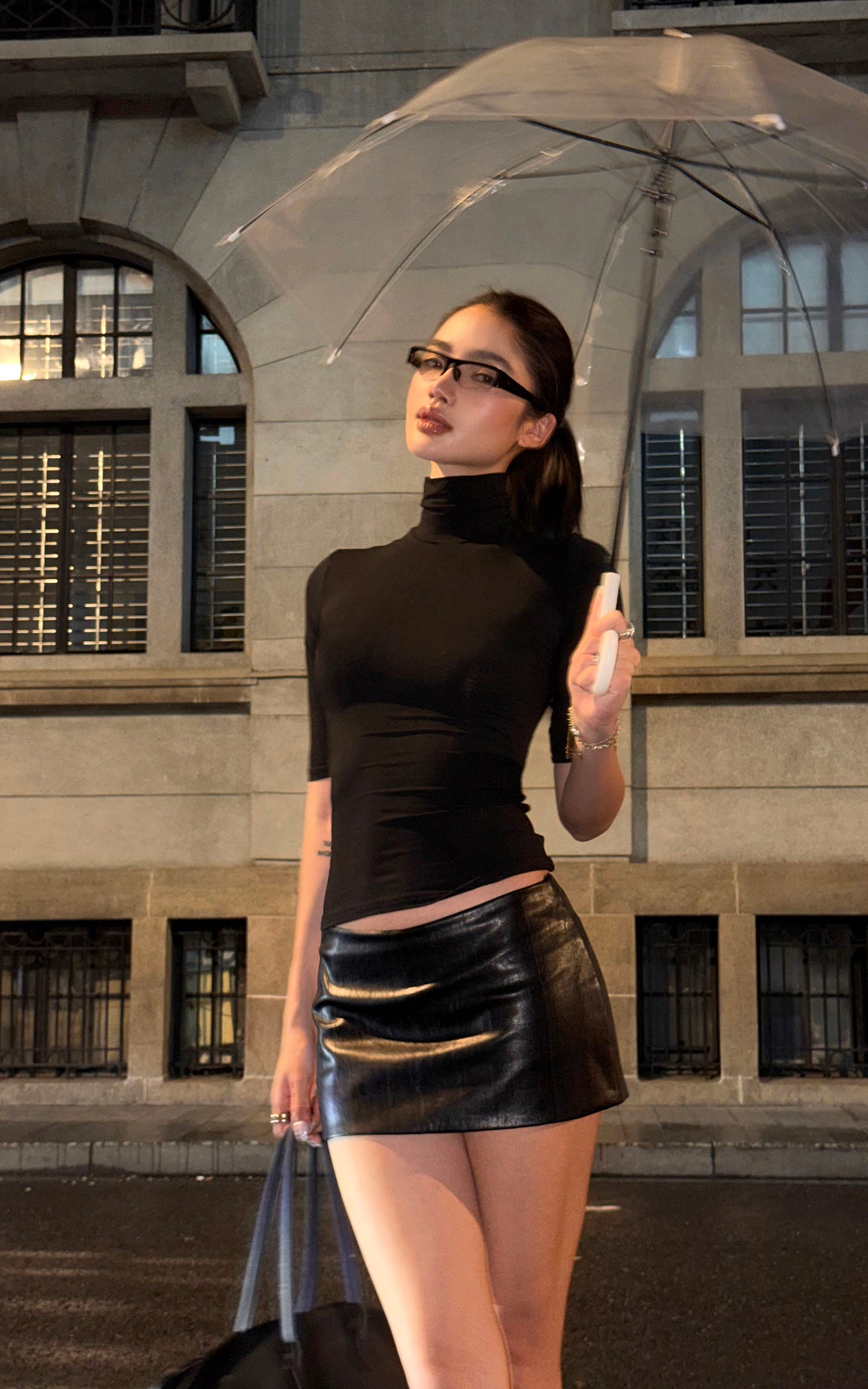 ROVENTE Mock Neck Top &amp; Leather-Look Mini Skirt Set