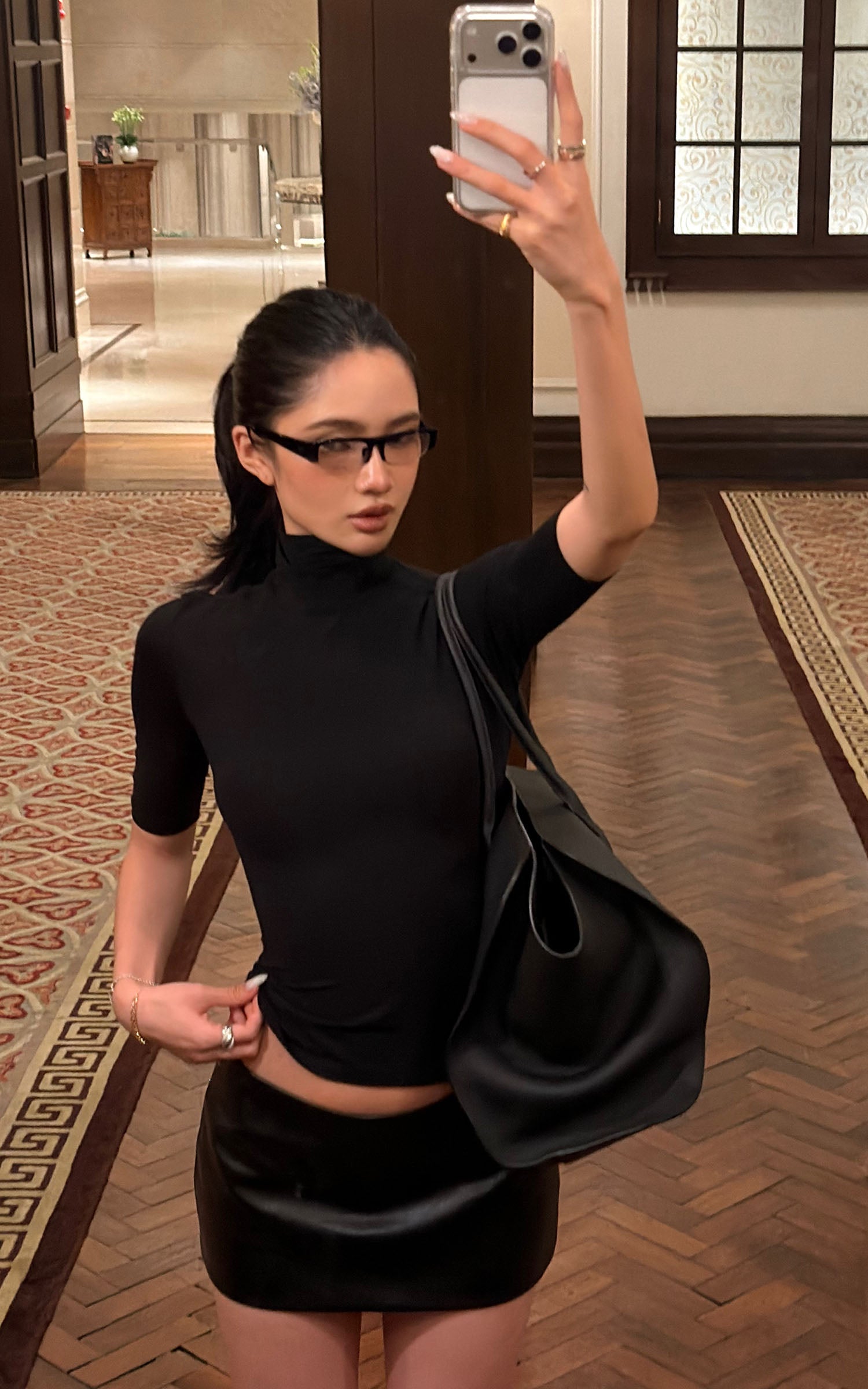 ROVENTE Mock Neck Top &amp; Leather-Look Mini Skirt Set