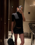 ROVENTE Mock Neck Top & Leather-Look Mini Skirt Set